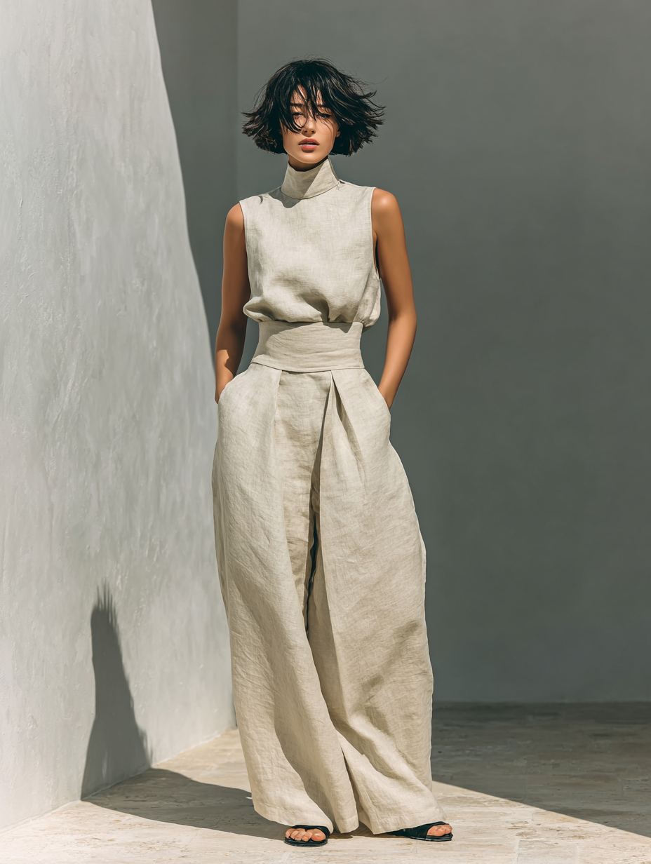 Set consisting of a sleeveless blouse and wide-leg trousers made from a cotton-linen blend.