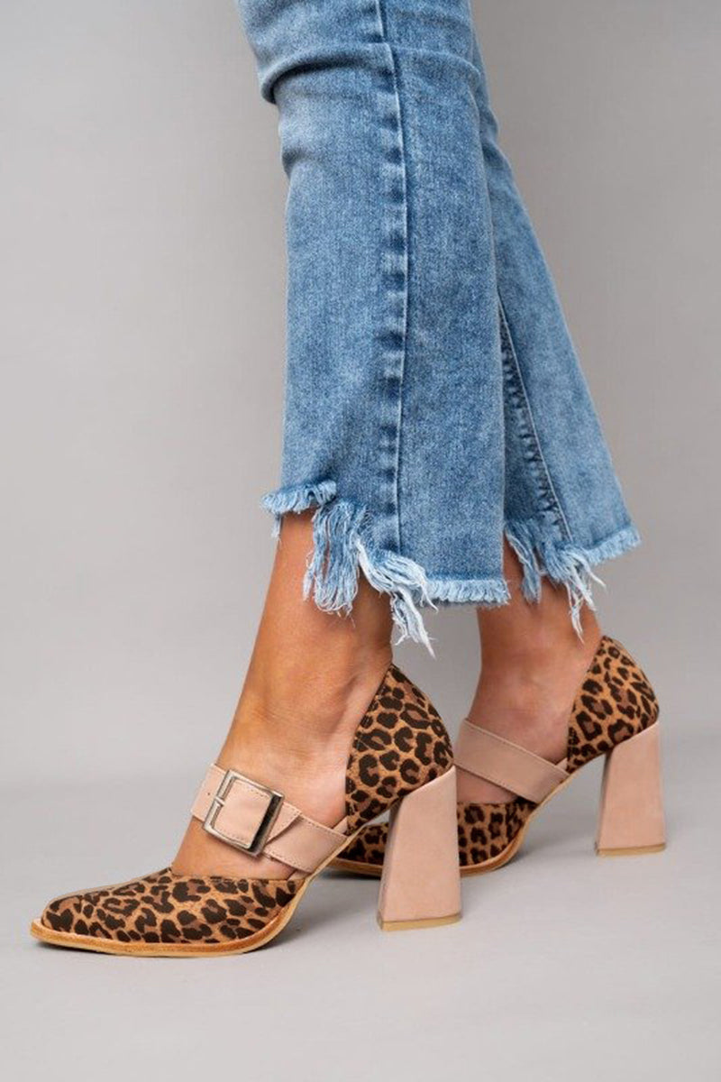Hayley - Leopard Print Faux Suede Sandals with Stable Heel