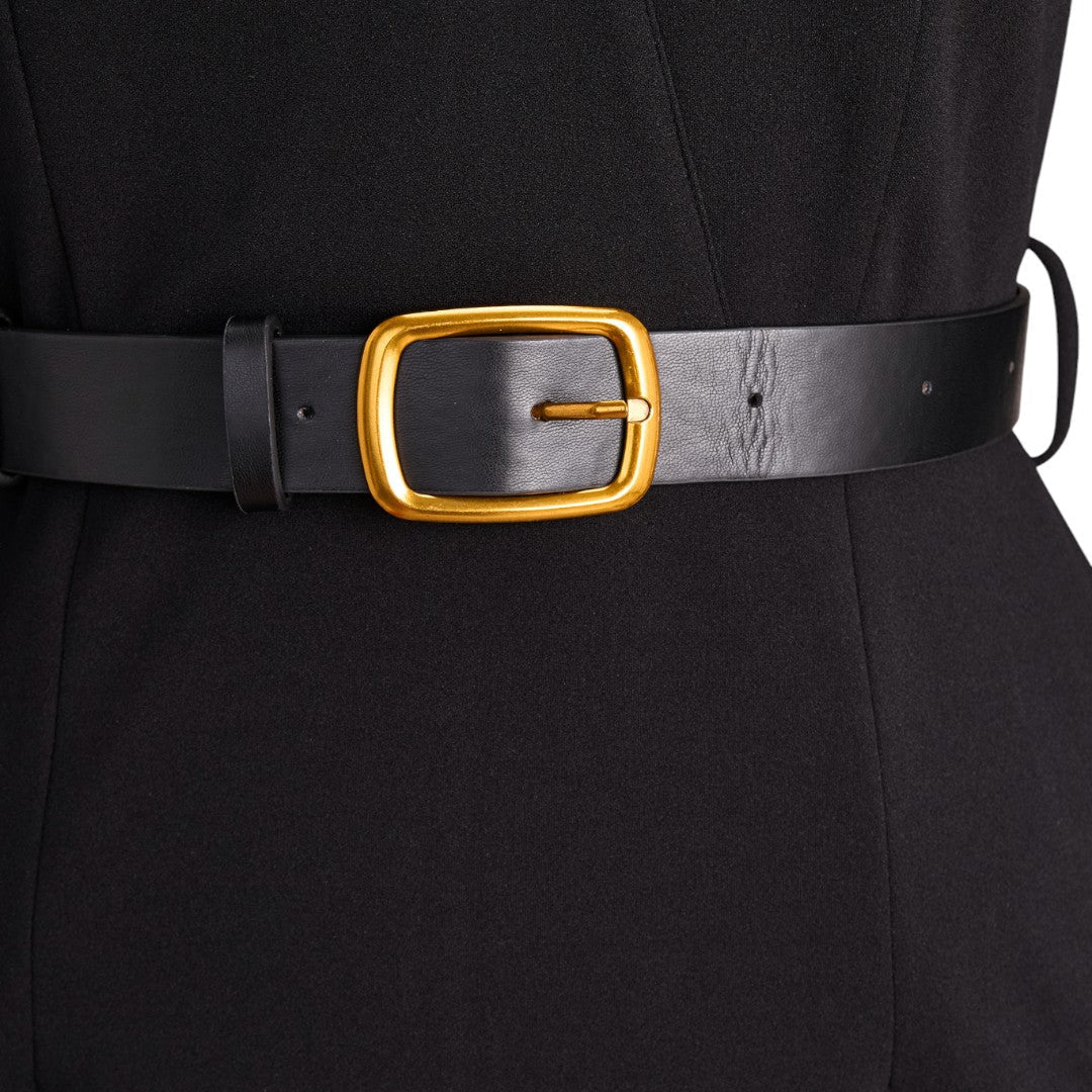 Marina | Refined black dress with belt and mandarin collar