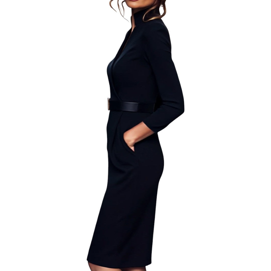 Marina | Refined black dress with belt and mandarin collar
