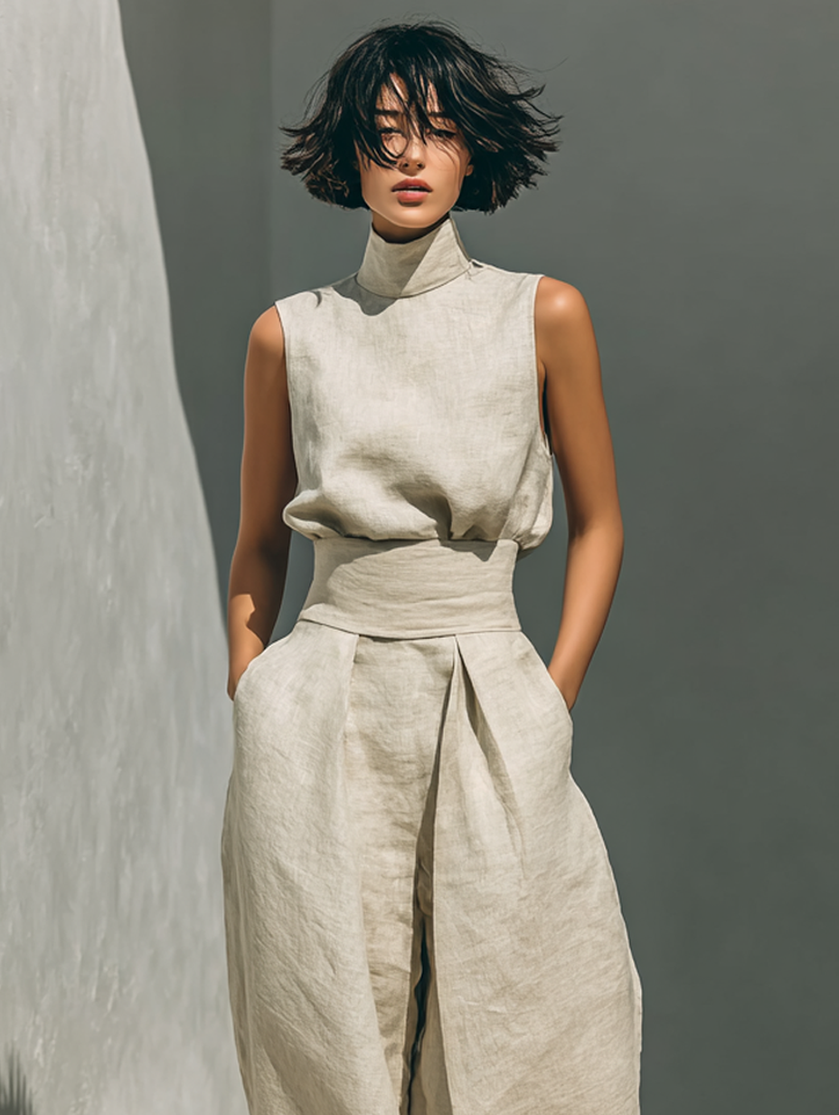 Set consisting of a sleeveless blouse and wide-leg trousers made from a cotton-linen blend.