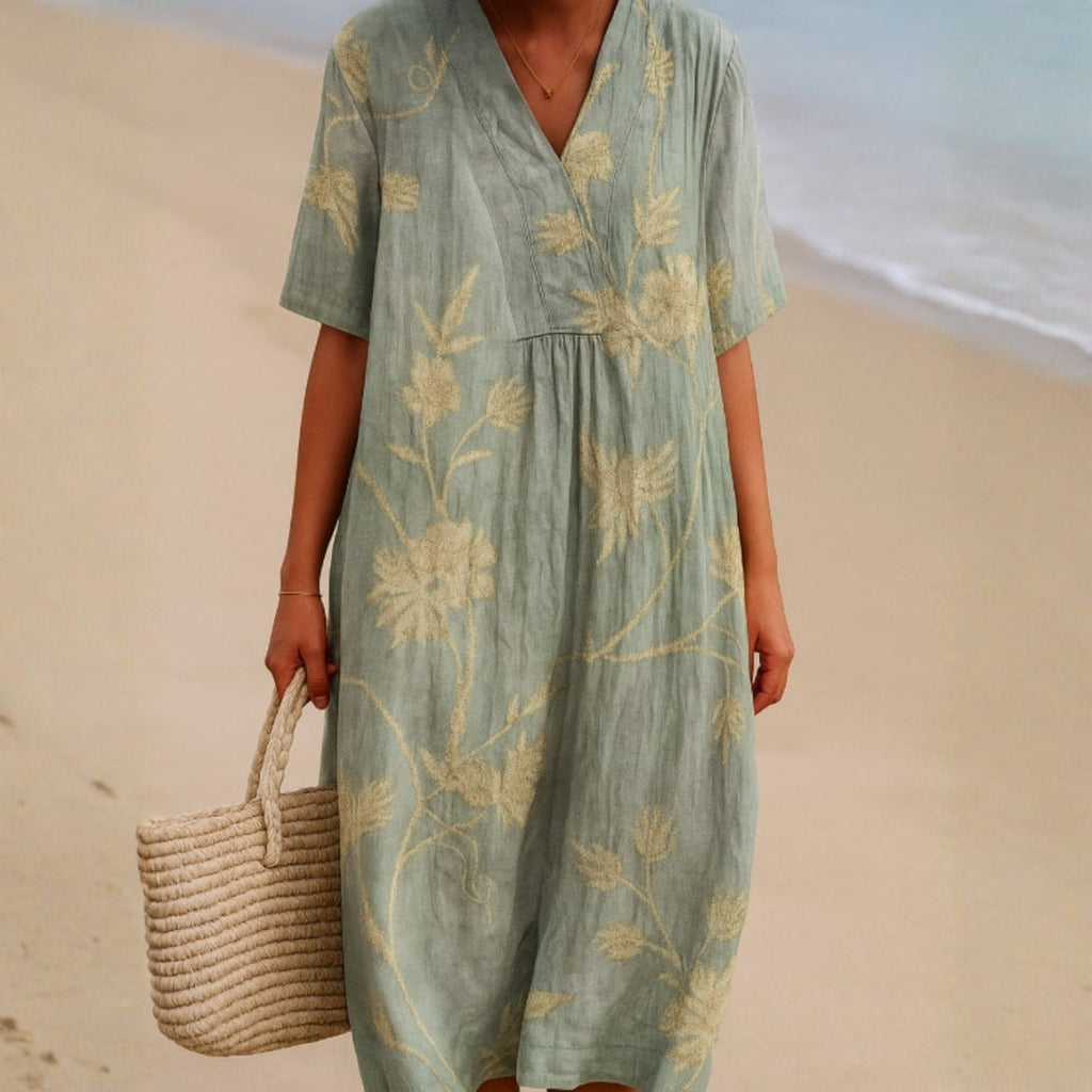Matilda Rose - Blue-Grey Dress with Floral Embroidery