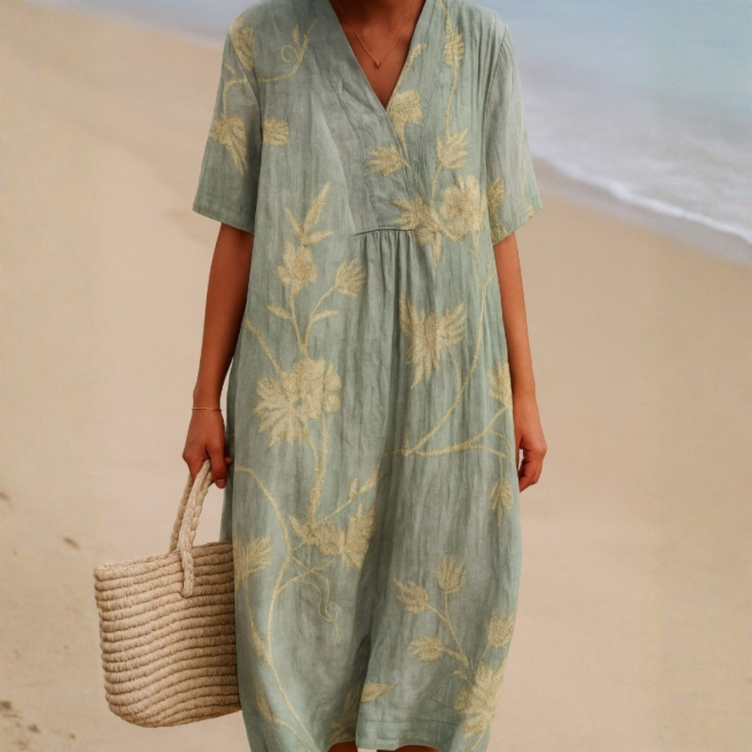 Matilda Rose - Blue-Grey Dress with Floral Embroidery