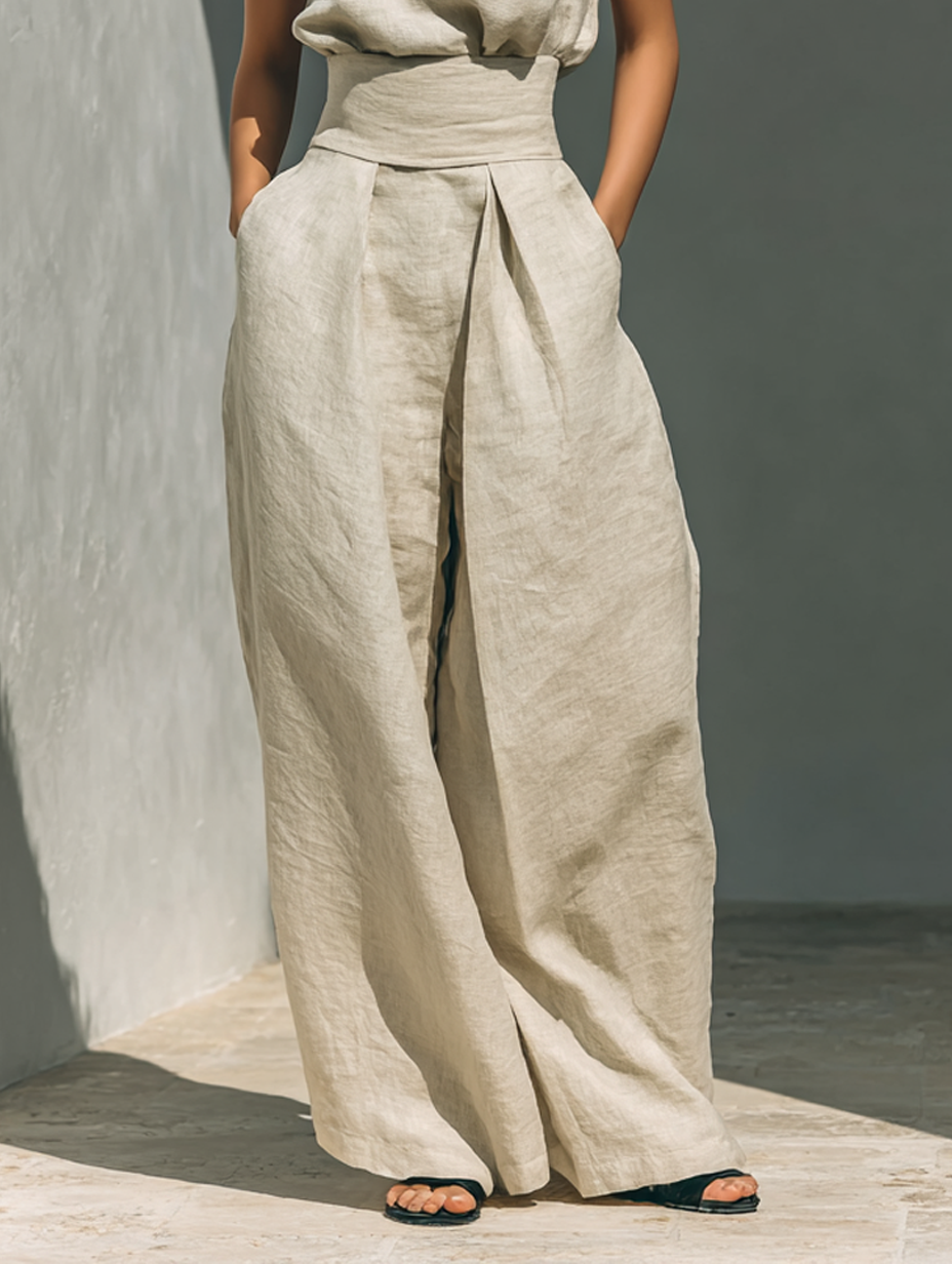 Set consisting of a sleeveless blouse and wide-leg trousers made from a cotton-linen blend.