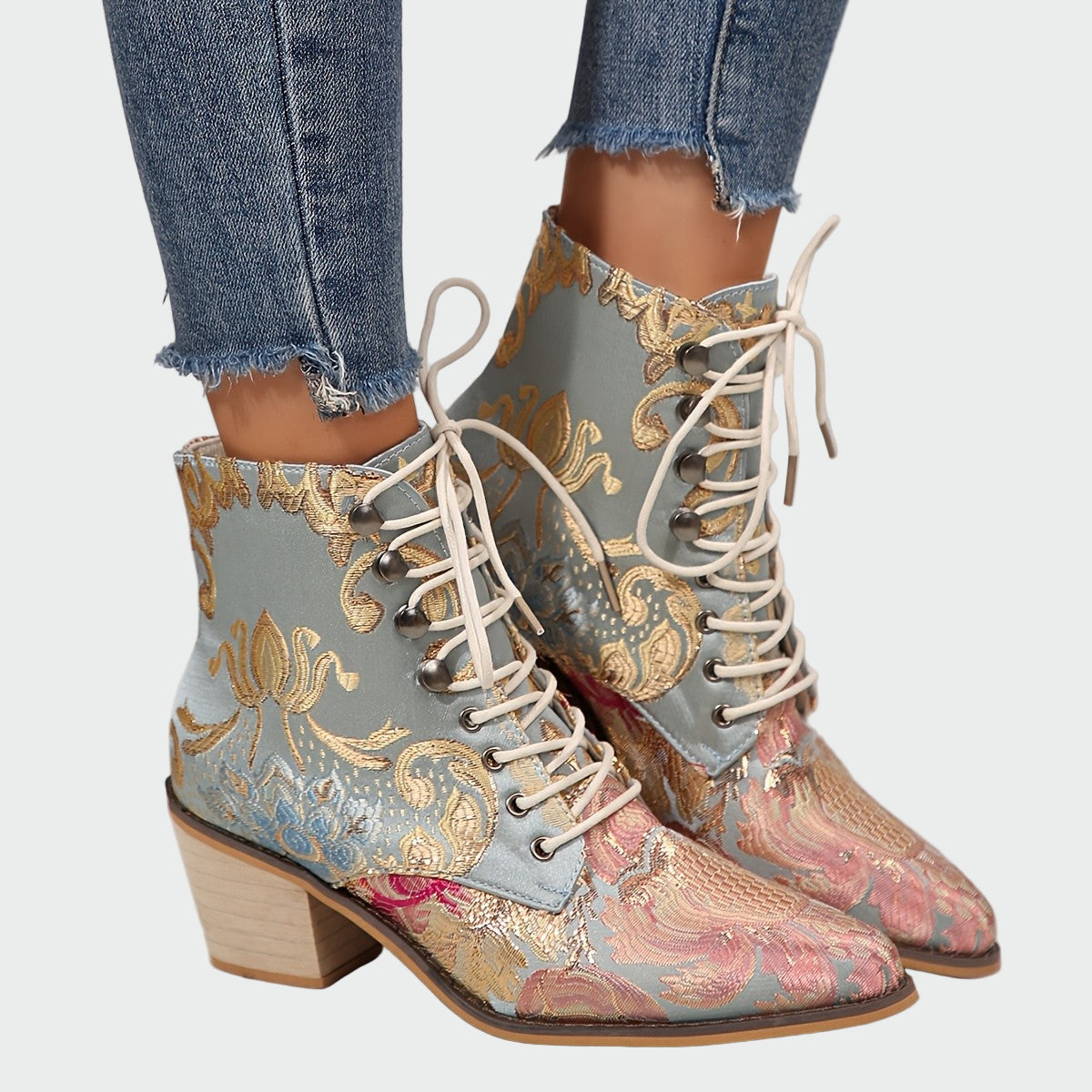 Hannah - Floral Faux Leather Ankle Boots