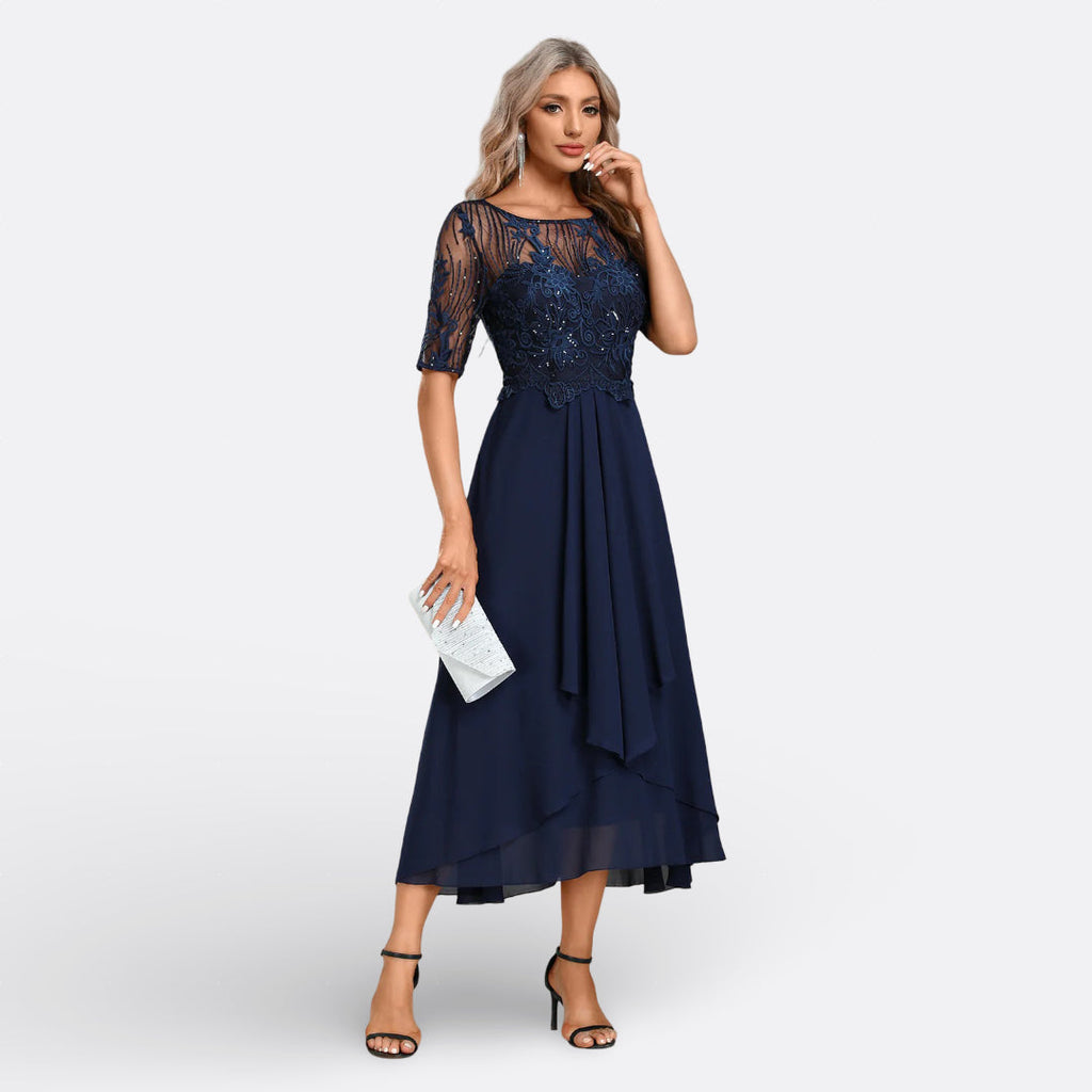 Isla - Short-Sleeve Lace Evening Dress