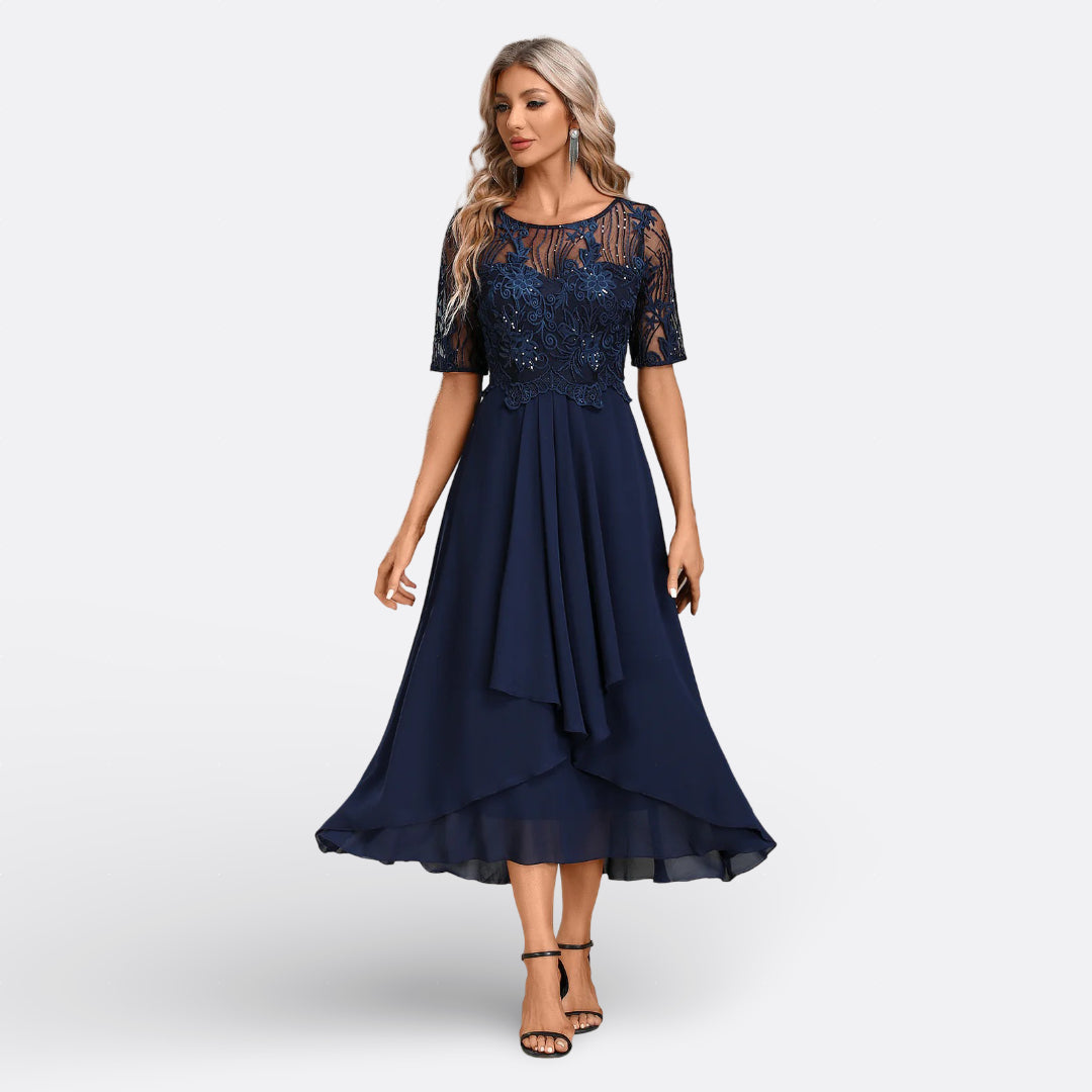 Isla - Short-Sleeve Lace Evening Dress