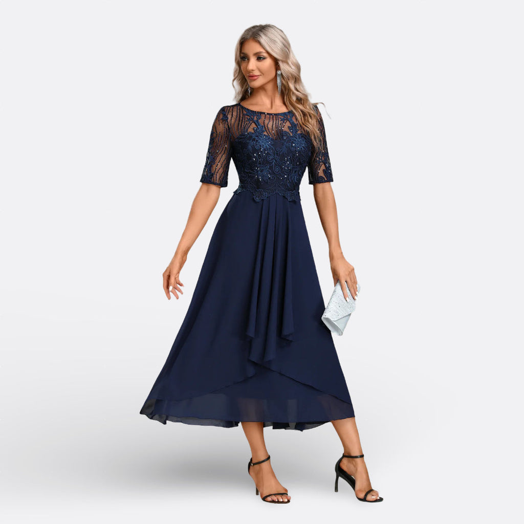 Isla - Short-Sleeve Lace Evening Dress