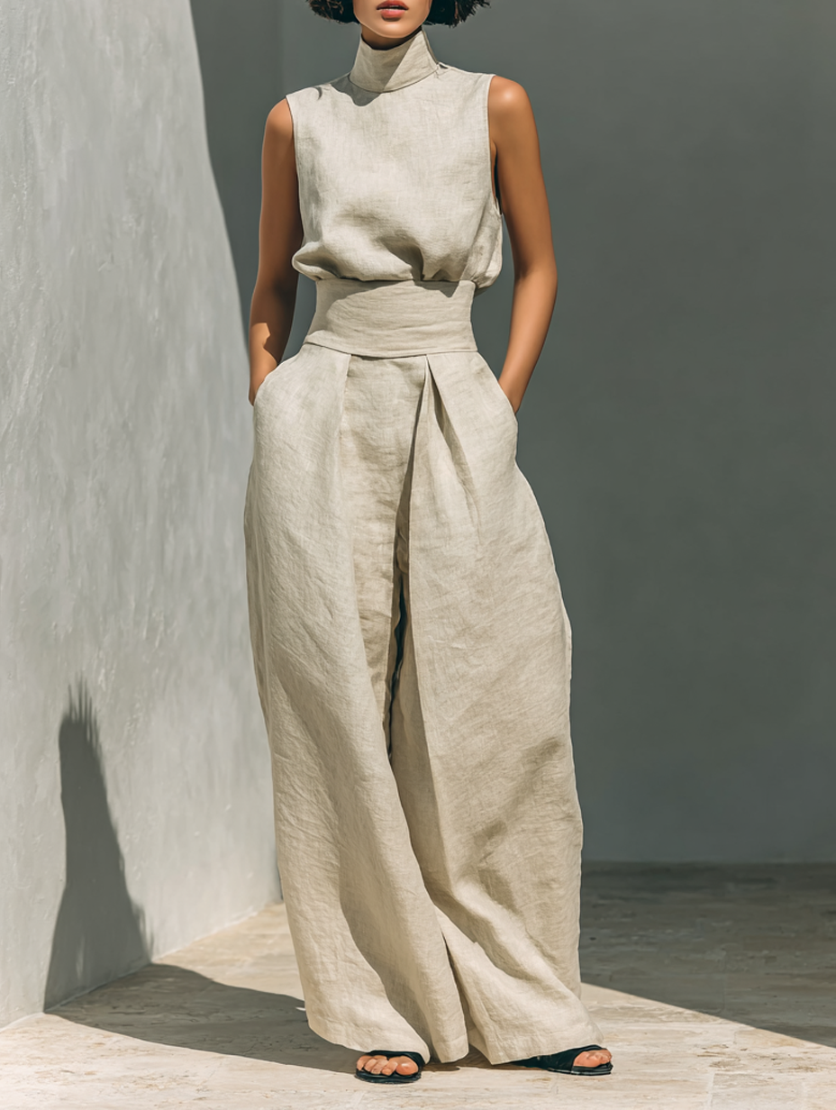 Set consisting of a sleeveless blouse and wide-leg trousers made from a cotton-linen blend.