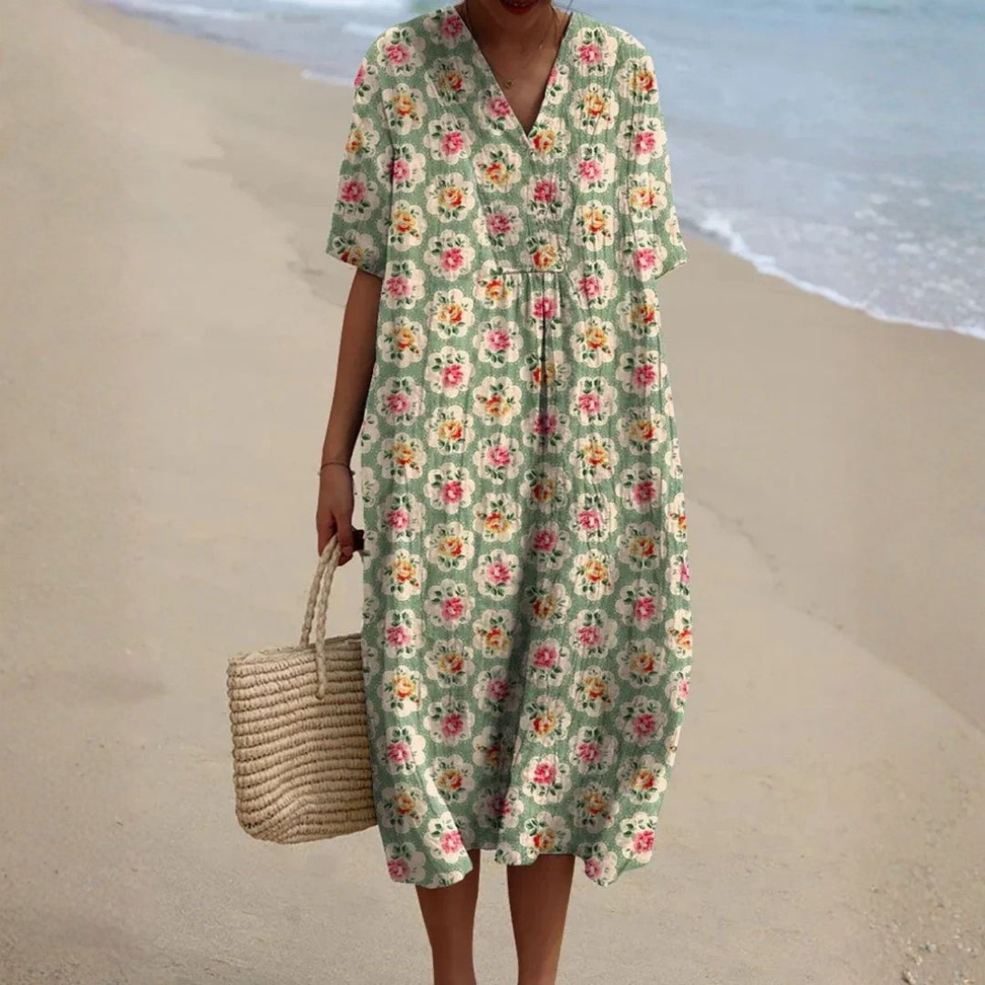 Molly - Retro Floral Dress in Aqua Green