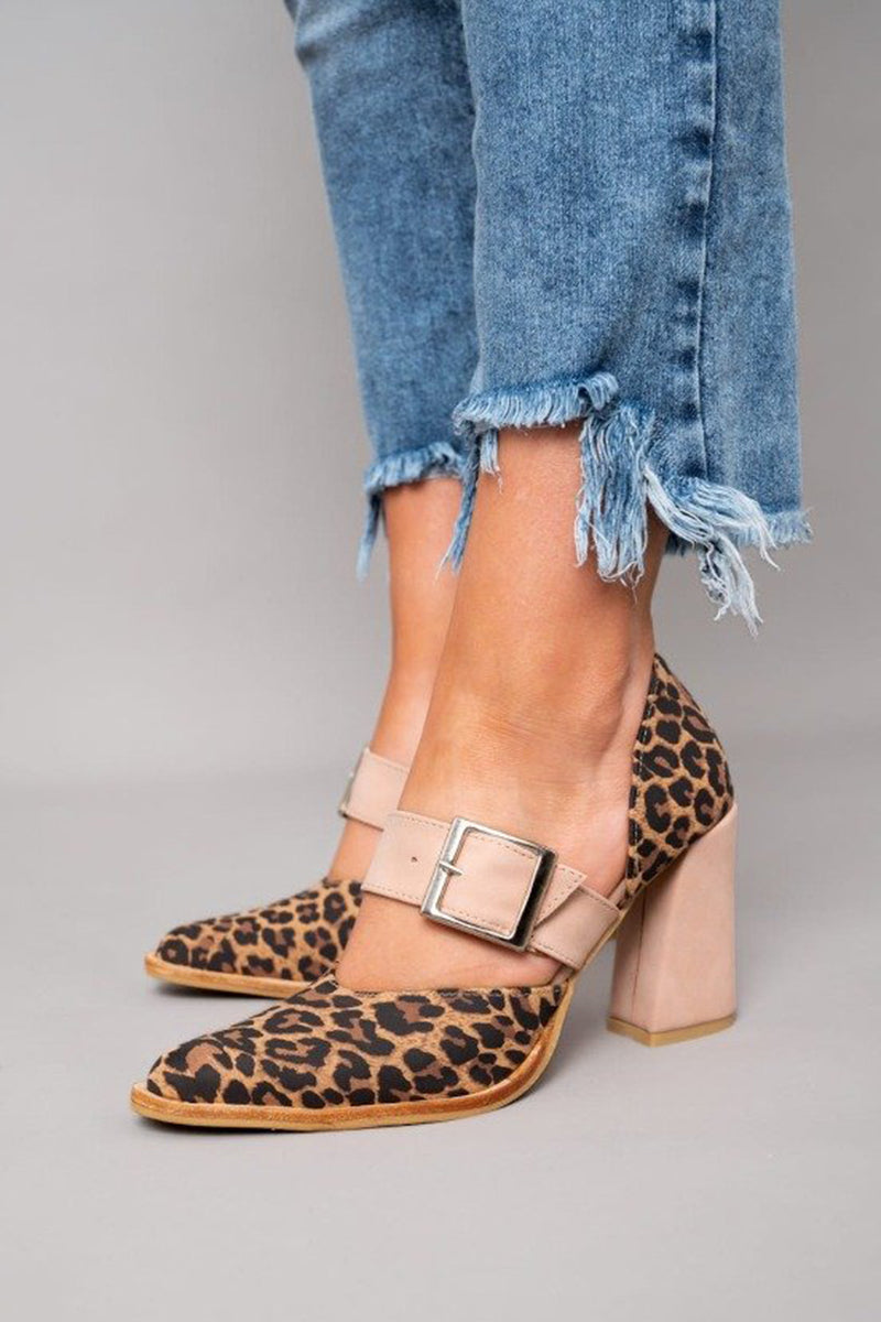 Hayley - Leopard Print Faux Suede Sandals with Stable Heel