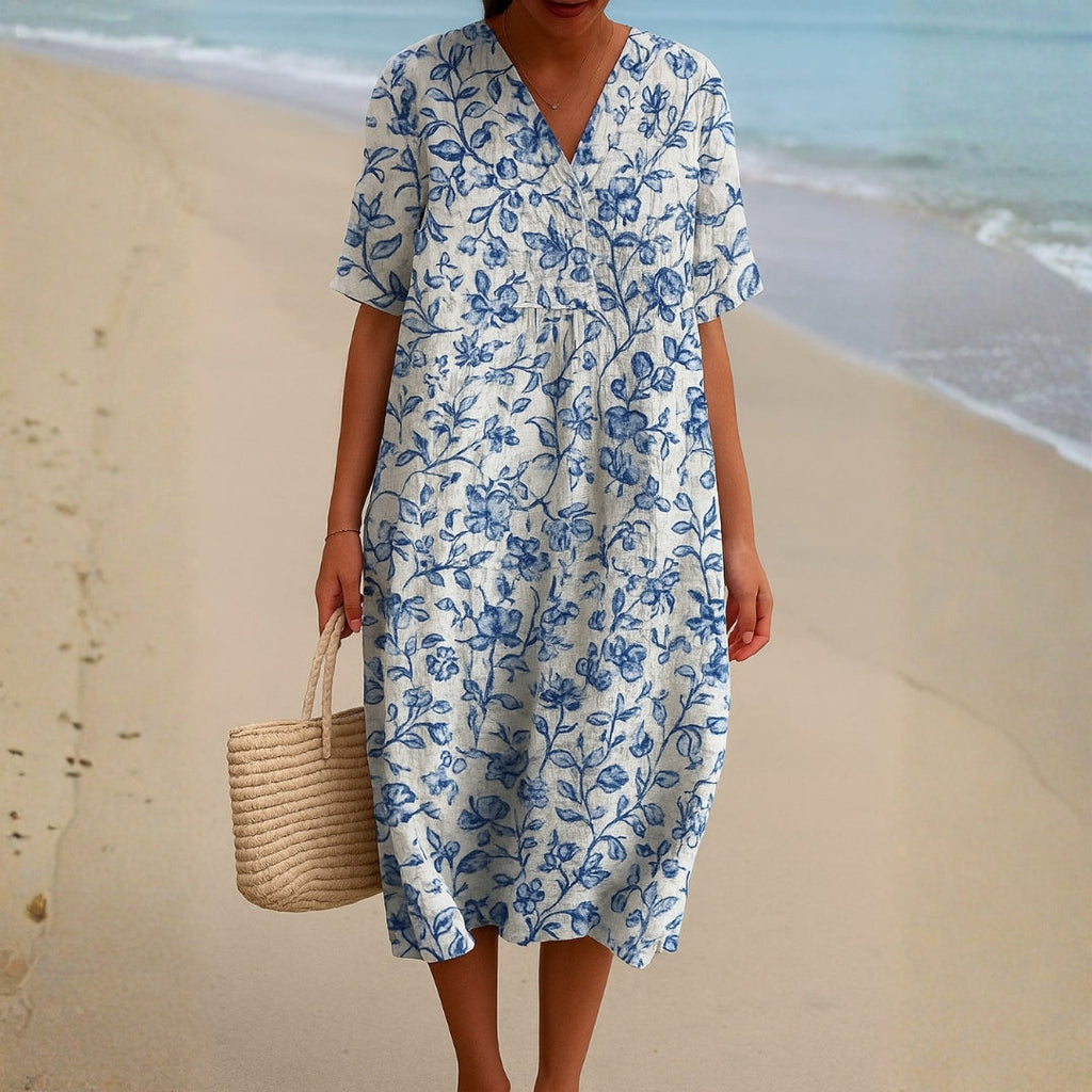 Ivy - Ivory Dress with Porcelain Blue Floral Accents