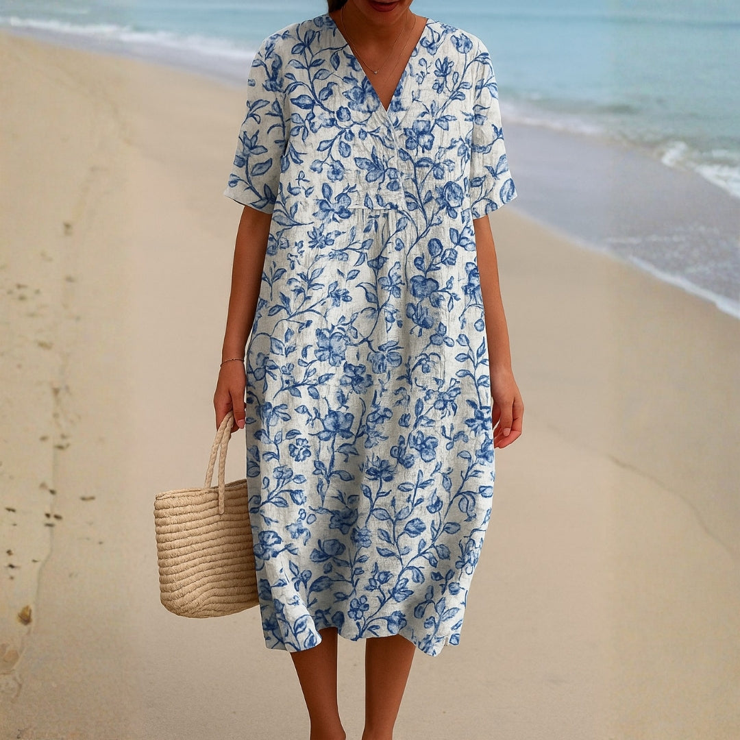 Ivy - Ivory Dress with Porcelain Blue Floral Accents