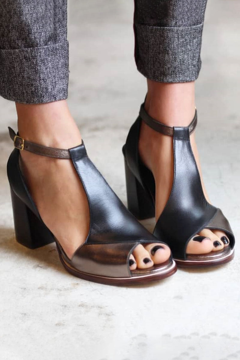 Heidi - Black Patchwork Open-Toe High-Heel Sandals