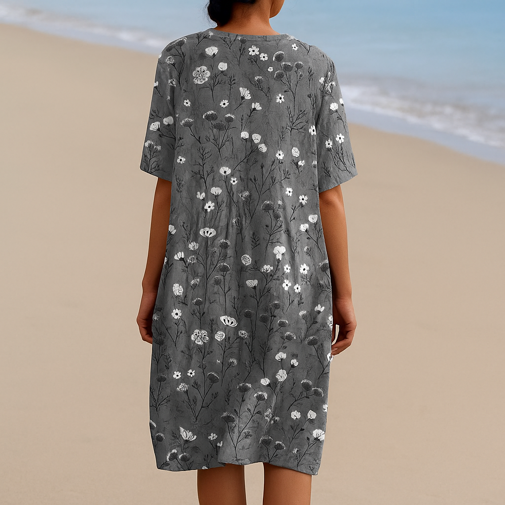 Clara - Charcoal Floral Dress with White Accents