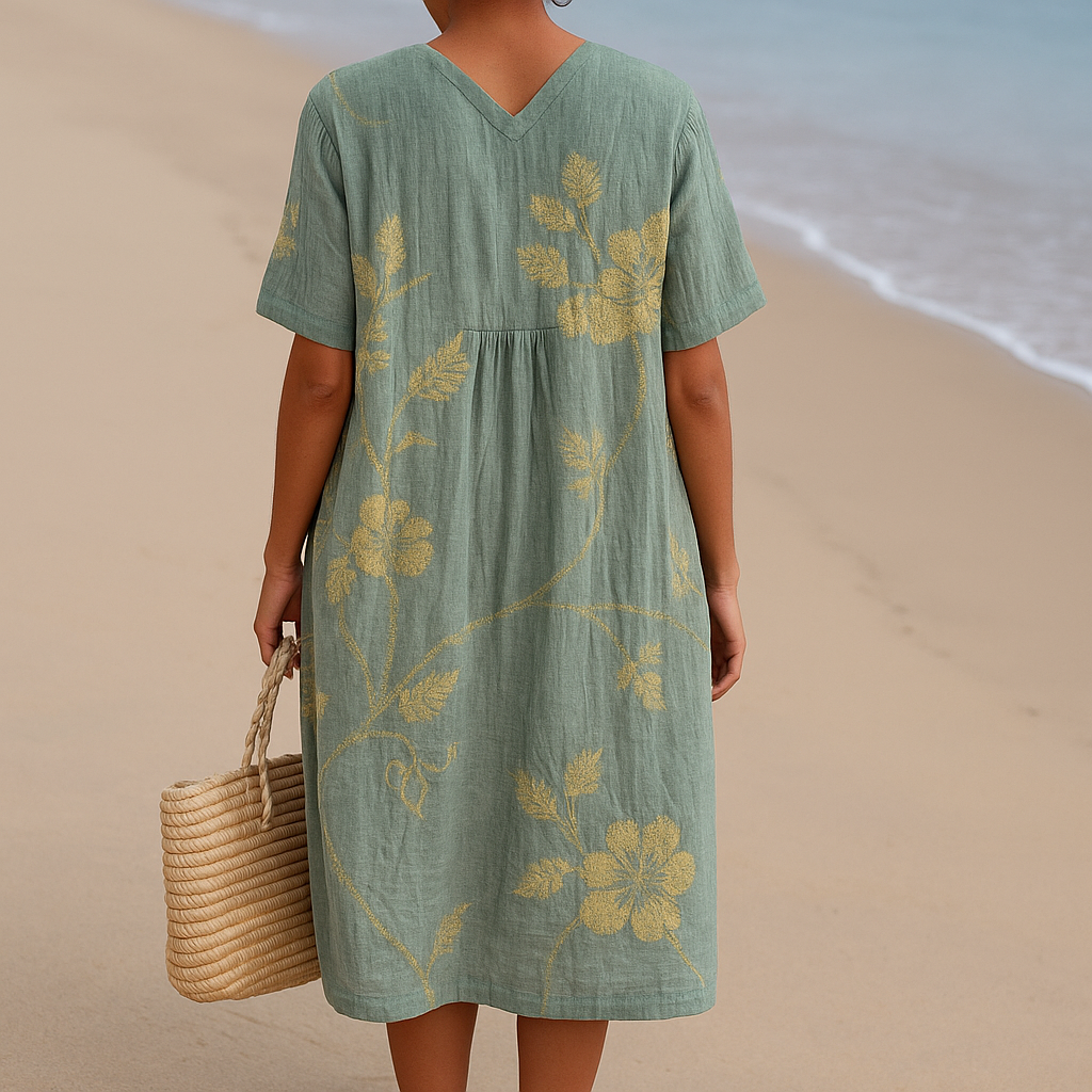 Matilda Rose - Blue-Grey Dress with Floral Embroidery