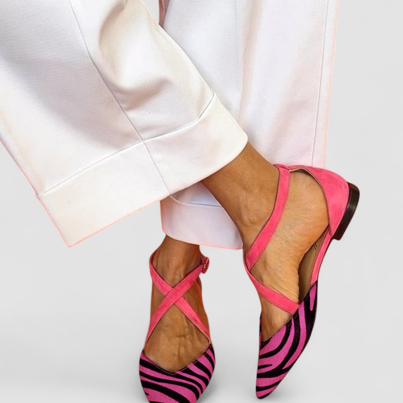 Nellie - Zebra Print Flat Sandals with Crossed Ankle Straps