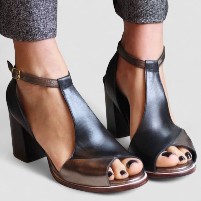 Heidi - Black Patchwork Open-Toe High-Heel Sandals