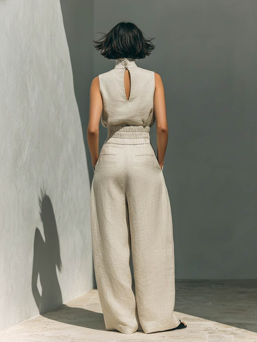 Set consisting of a sleeveless blouse and wide-leg trousers made from a cotton-linen blend.