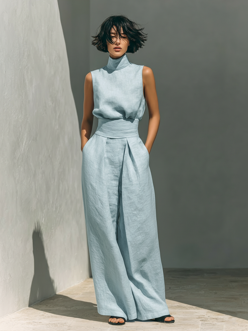 Set consisting of a sleeveless blouse and wide-leg trousers made from a cotton-linen blend.