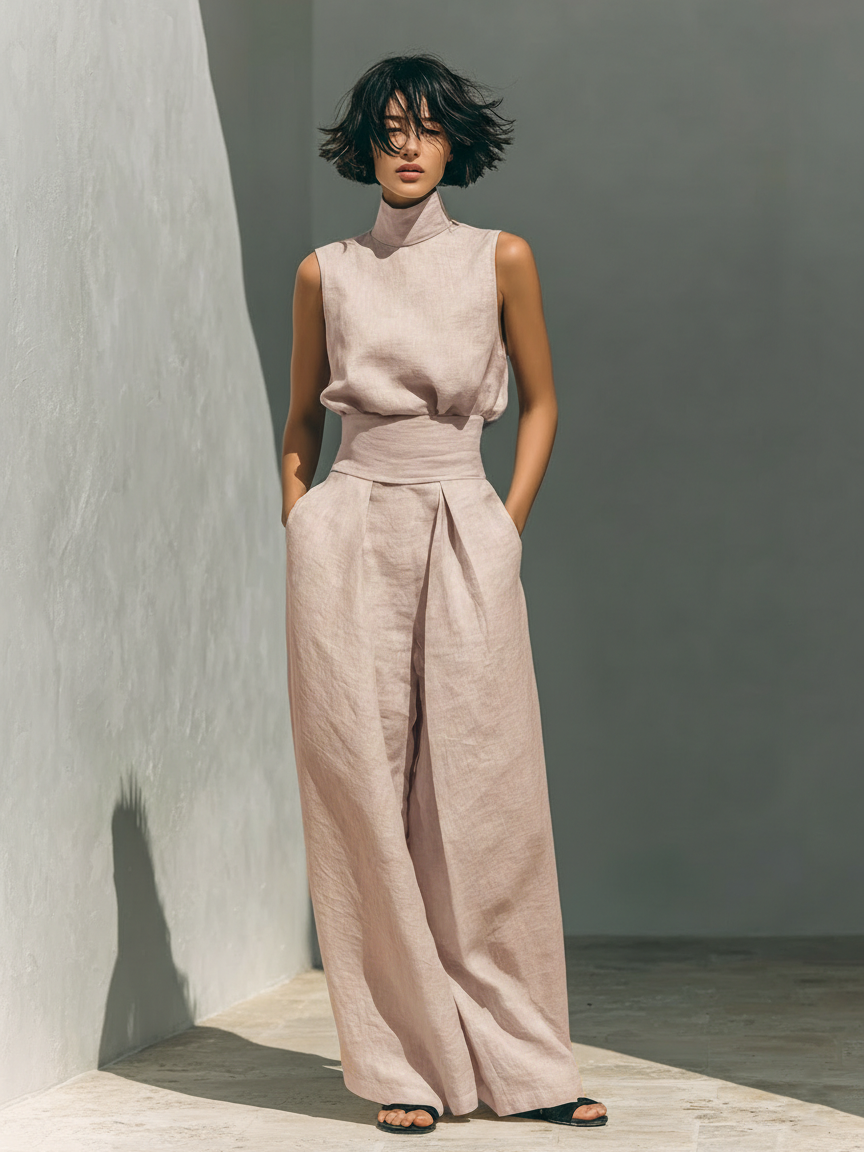 Set consisting of a sleeveless blouse and wide-leg trousers made from a cotton-linen blend.