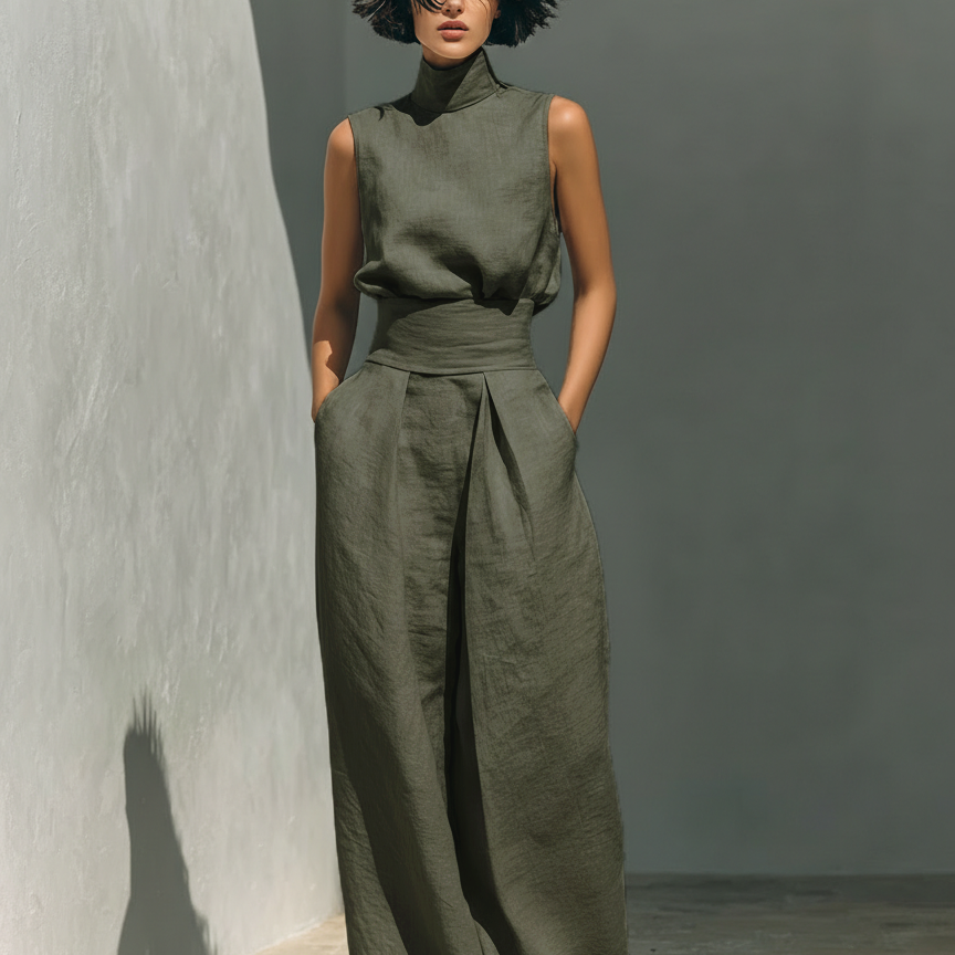 Set consisting of a sleeveless blouse and wide-leg trousers made from a cotton-linen blend.