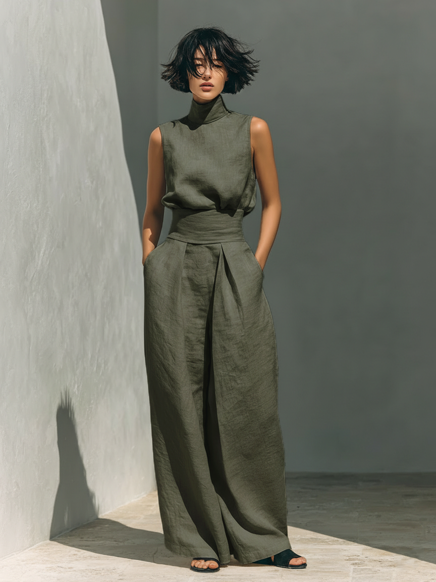 Set consisting of a sleeveless blouse and wide-leg trousers made from a cotton-linen blend.
