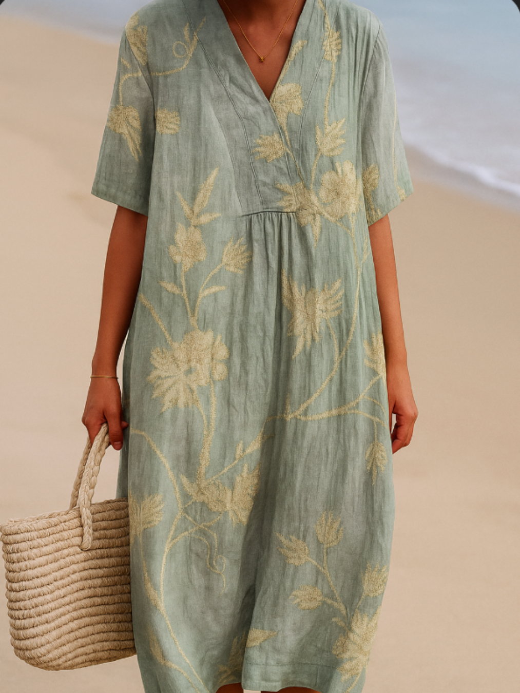 Matilda Rose - Blue-Grey Dress with Floral Embroidery
