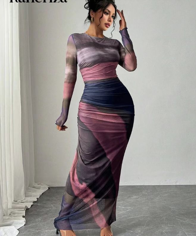 Natalia | Comfortable Printed Long Sleeve Maxi Bodycon Dress