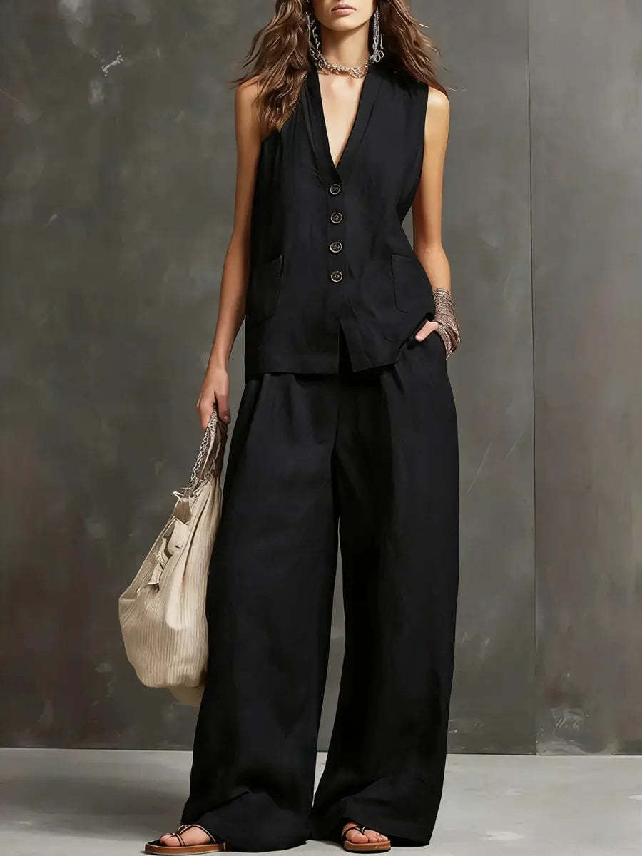 Two-Piece Cotton and Linen Set with Sleeveless Waistcoat and Wide-Leg Trousers