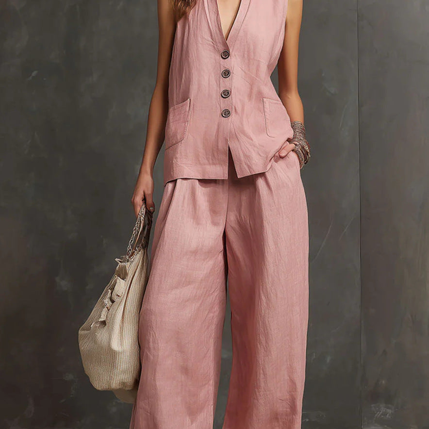 Two-Piece Cotton and Linen Set with Sleeveless Waistcoat and Wide-Leg Trousers