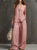 Two-Piece Cotton and Linen Set with Sleeveless Waistcoat and Wide-Leg Trousers