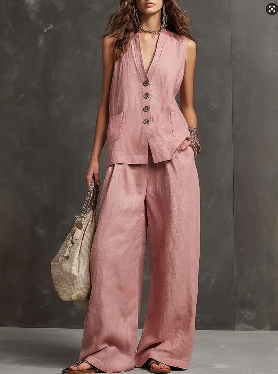 Two-Piece Cotton and Linen Set with Sleeveless Waistcoat and Wide-Leg Trousers