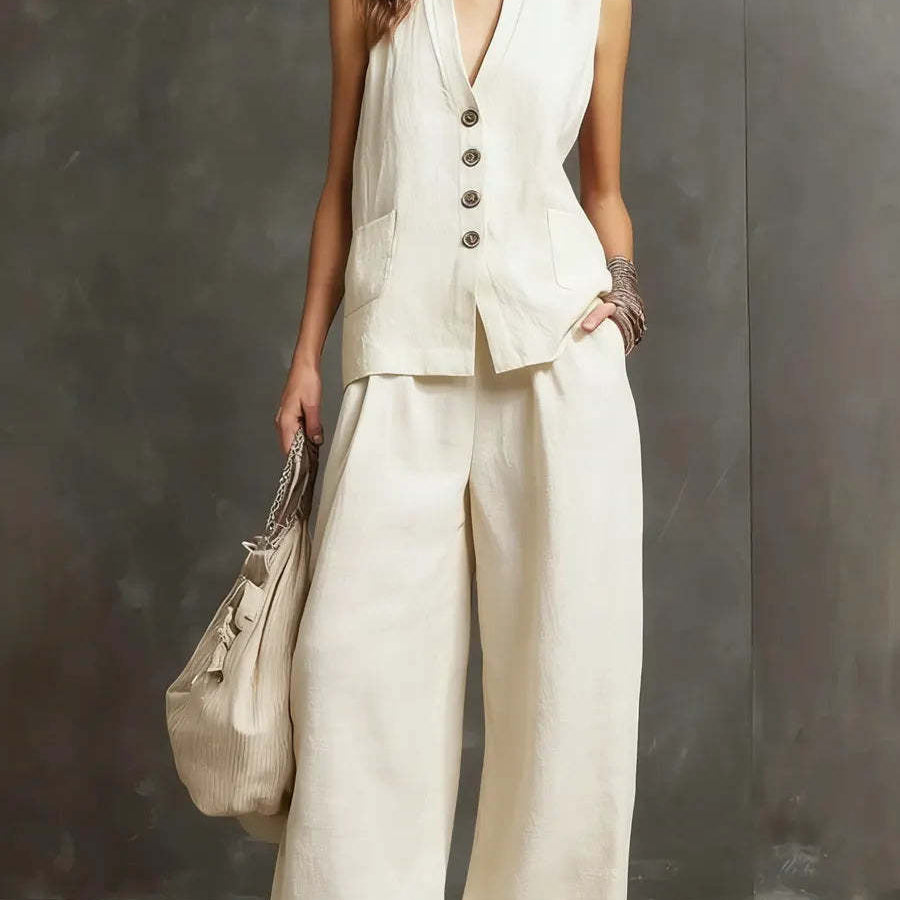 Two-Piece Cotton and Linen Set with Sleeveless Waistcoat and Wide-Leg Trousers