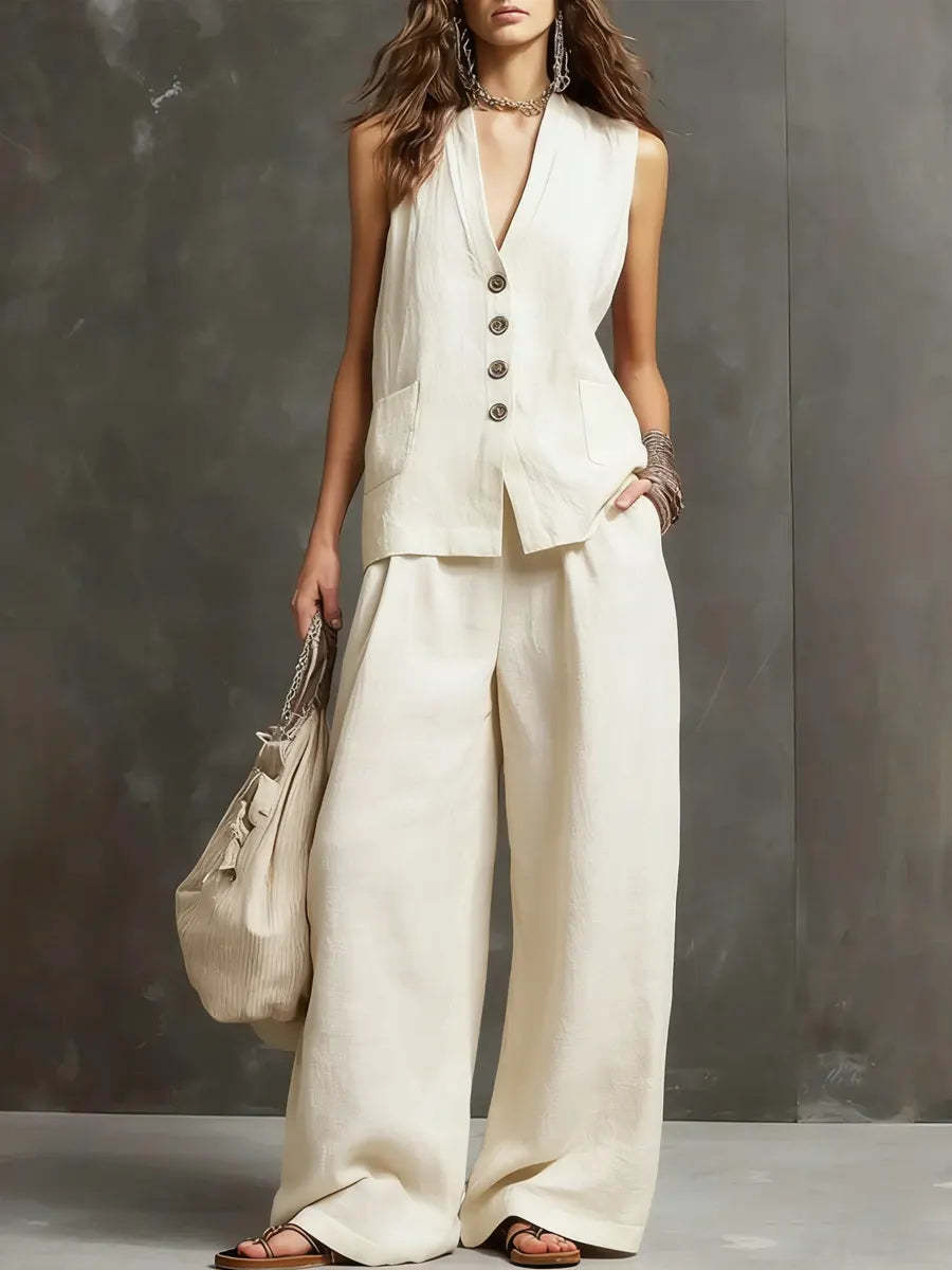 Two-Piece Cotton and Linen Set with Sleeveless Waistcoat and Wide-Leg Trousers