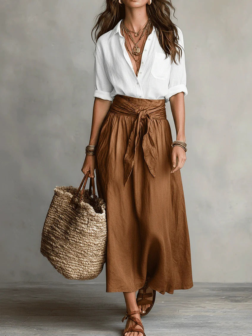 Vera – Two-piece set: black top and olive green midi skirt