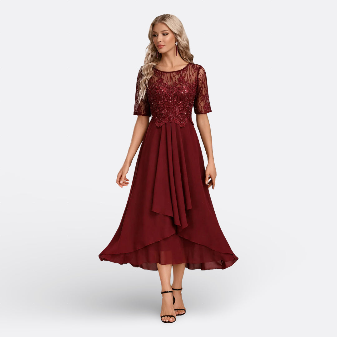 Isla - Short-Sleeve Lace Evening Dress