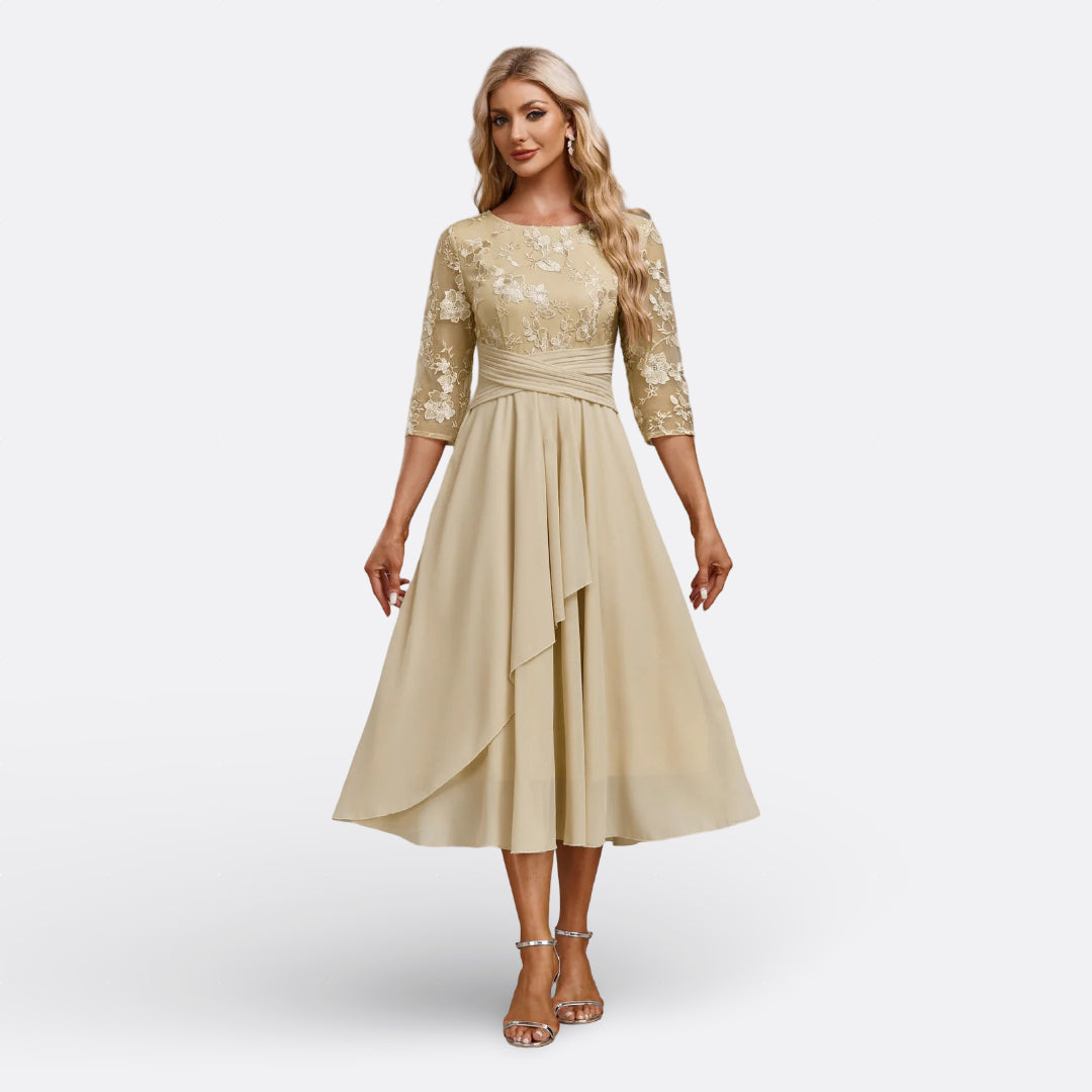 Isla - Short-Sleeve Lace Evening Dress
