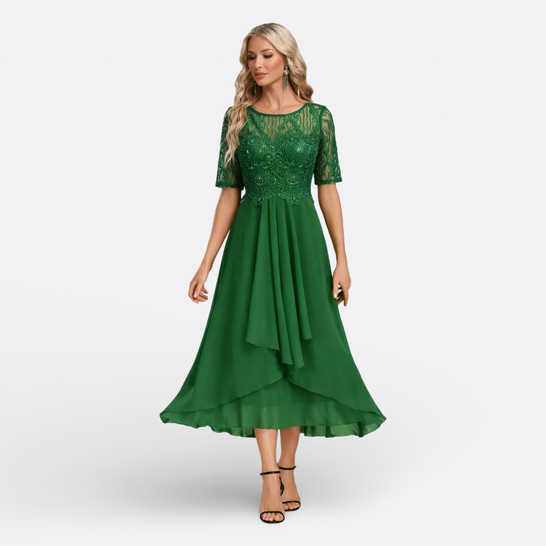 Isla - Short-Sleeve Lace Evening Dress