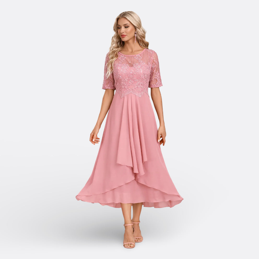 Isla - Short-Sleeve Lace Evening Dress