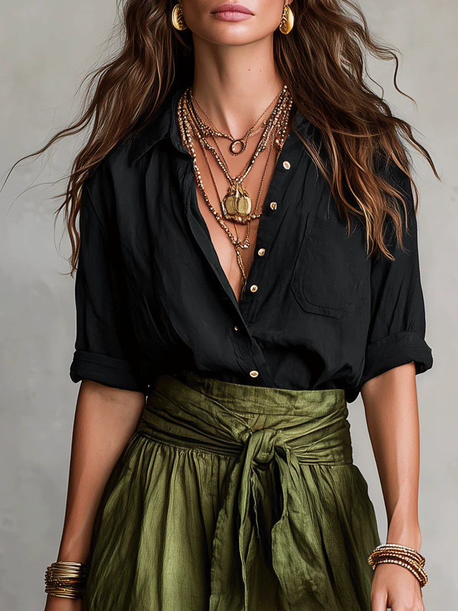 Vera – Two-piece set: black top and olive green midi skirt