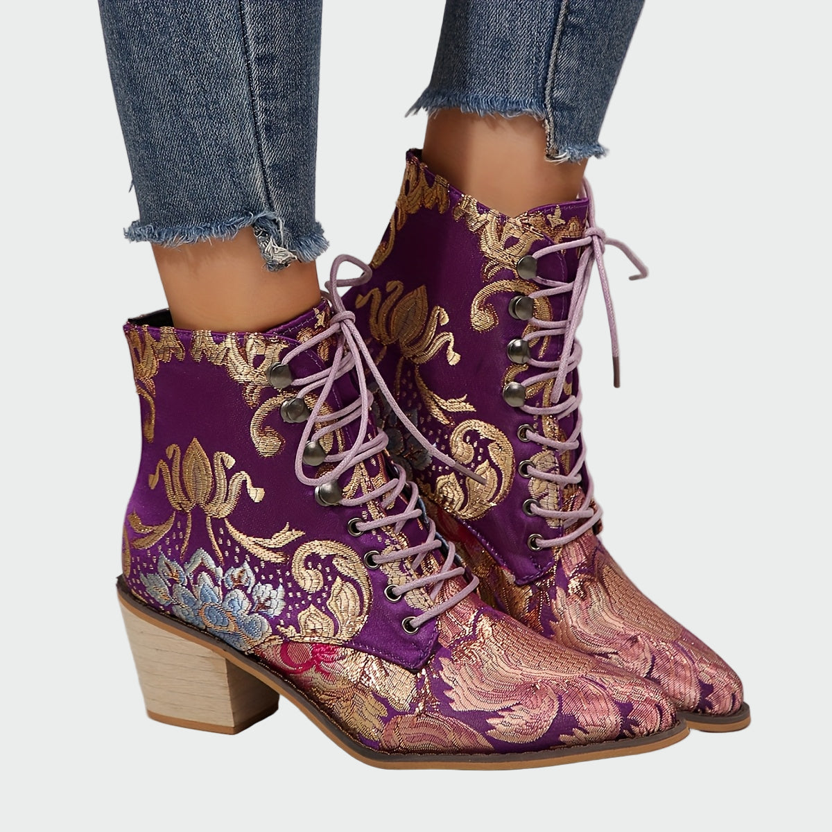 Hannah - Floral Faux Leather Ankle Boots