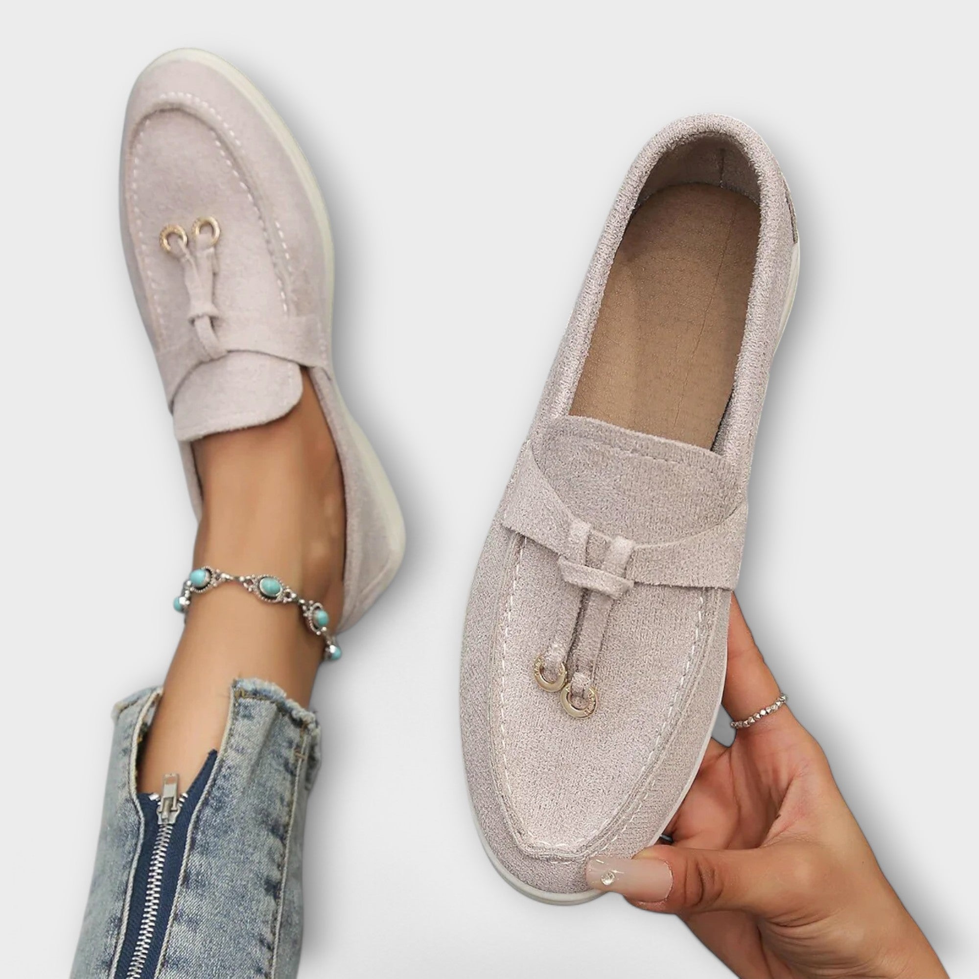 Ainsley - Beige Loafers with Decorative Lace