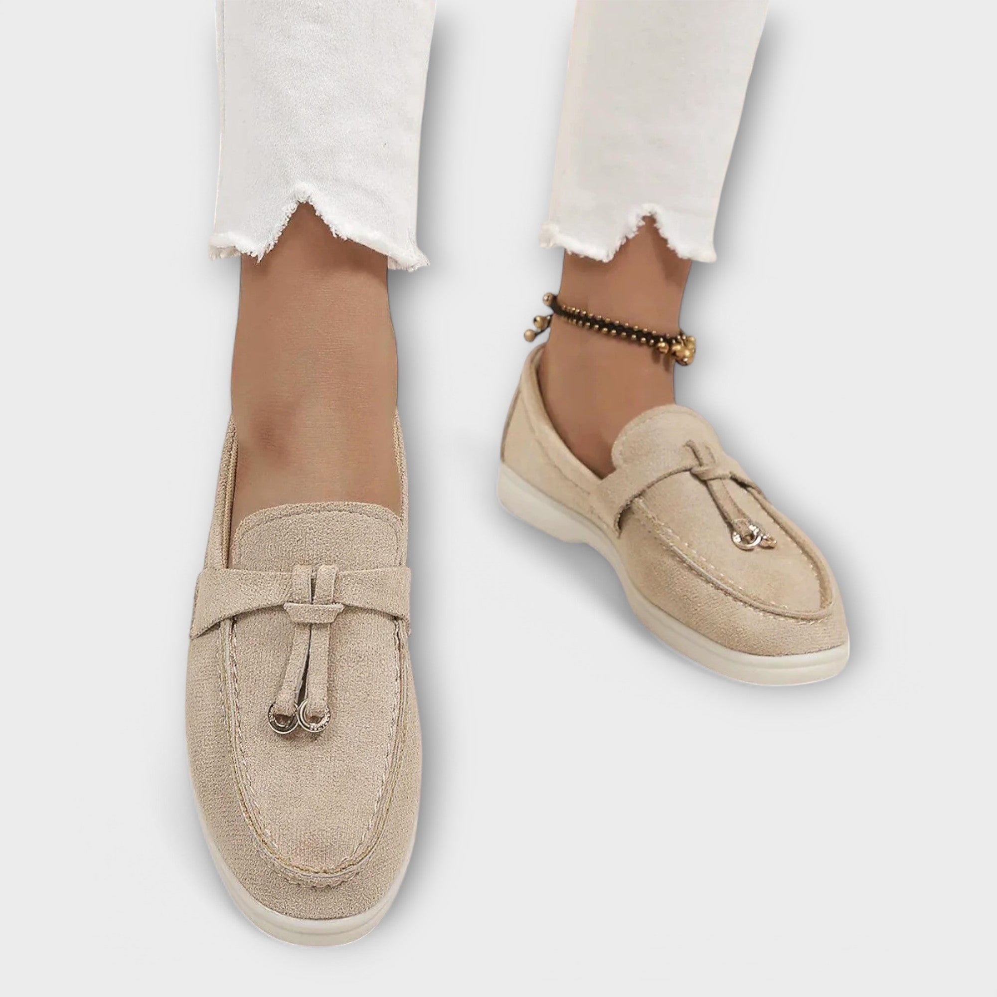 Ainsley - Beige Loafers with Decorative Lace