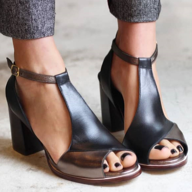 Heidi - Black Patchwork Open-Toe High-Heel Sandals