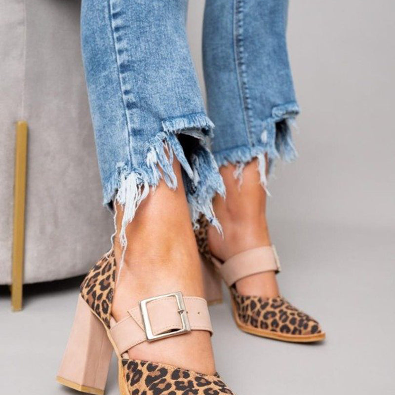 Hayley - Leopard Print Faux Suede Sandals with Stable Heel
