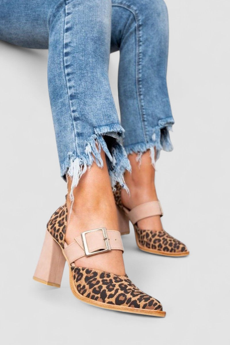 Hayley - Leopard Print Faux Suede Sandals with Stable Heel