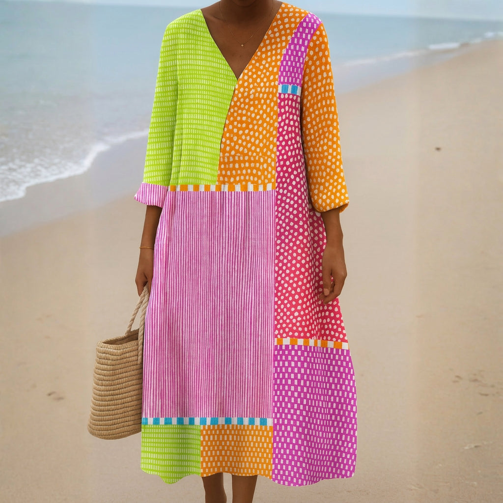 Florence - Colourful Patchwork Dress with Spots and Stripes