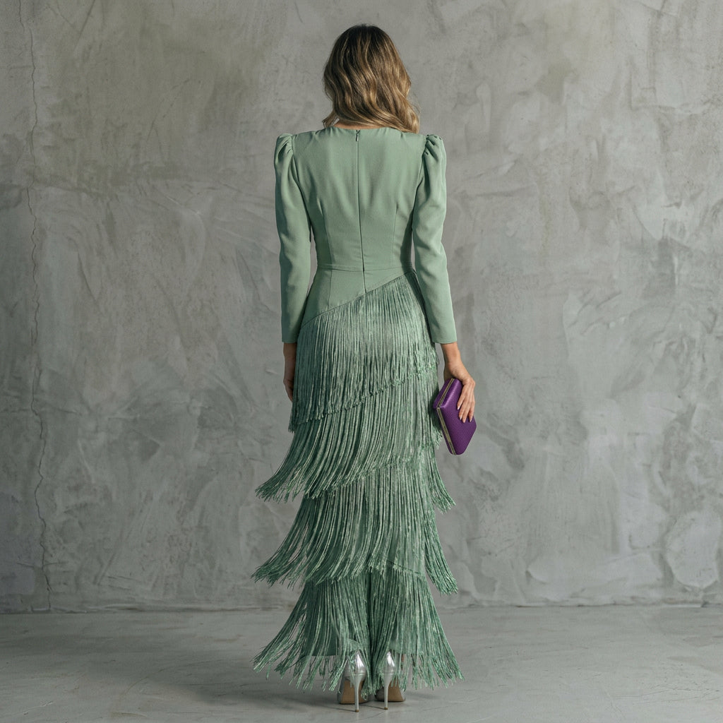 Gabrielle - Long Fringe Dress with V-Neck