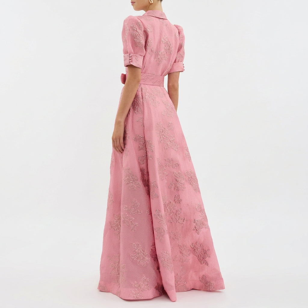 Matilda - Long Dress in Floral Jacquard with Belt